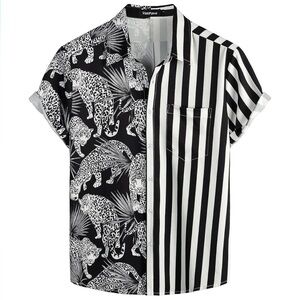 unisex Black Leopard‎ and Stripes Casual Short Sleeve Button Down Shirt